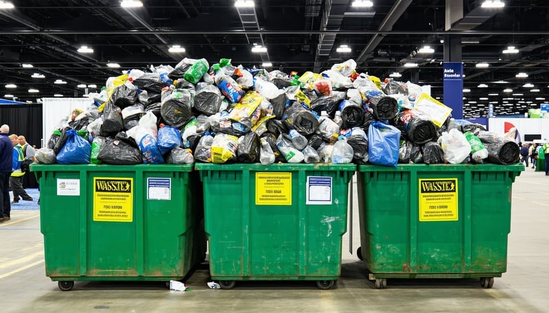 waste piled up in large waste containers at the trade show floor during conference moveout-1